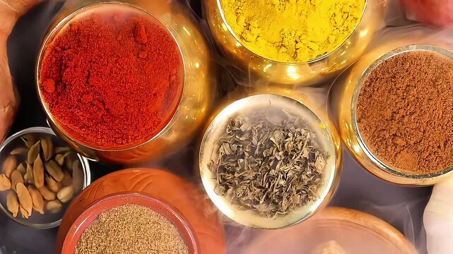 Overhead top view flat lay colourful array of spices herbs powder blue clay ceramic brass metal pot on dark black slate surface with a clean and neat appearance spice copy text space border frame