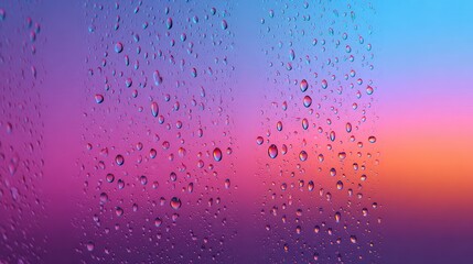Obraz premium Close-Up View of Raindrops on Glass with Multicolored Gradient Background in Shades of Blue, Pink, and Purple Creating a Dreamy Atmosphere