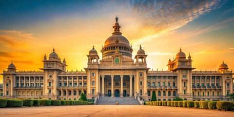 Obraz premium Majestic architecture of Vidhana Soudha's front facade at sunrise with golden hues and intricate carvings