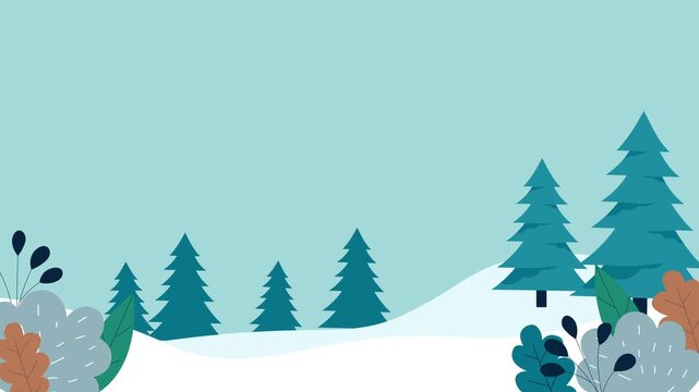 Minimal flat winter landscape animation featuring snowy hills, pine trees, and pastel foliage. Perfect for Christmas greetings, seasonal backgrounds, or festive promotional videos.