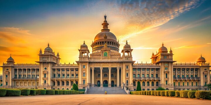 Majestic architecture of Vidhana Soudha's front facade at sunrise with golden hues and intricate carvings