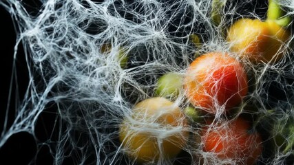 Close up view of orange fruits with white web like structure