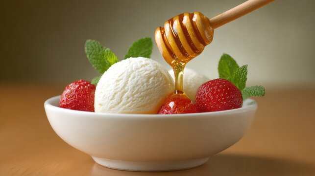 Delicious scoop of creamy vanilla ice cream topped with honey drizzle, fresh strawberries, and mint leaves served in a round white bowl on a wooden table.