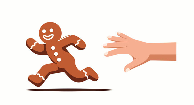 Gingerbread man runs away from a chasing hand on a white surface, creating a playful and humorous scene, perfect for holidaythemed content.