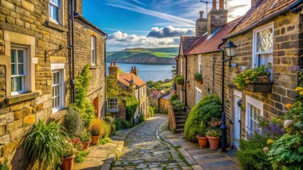 Fototapeta premium cobblestone path through narrow street in old fishing village of robin hood bay, old village