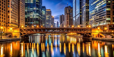 Chicago Bridge at Night Sky View with City Lights and Water Reflections, Cityscape