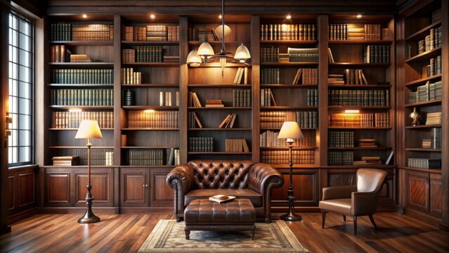 A cozy study with floor-to-ceiling bookshelves against a dark wooden wall adorned with leather-bound classics and vintage lamps , bookshelves on wall, cozy interior