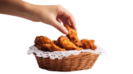 Human Hand Gently Picking Up a Chicken Wing from a Paper Basket on Transparent Background