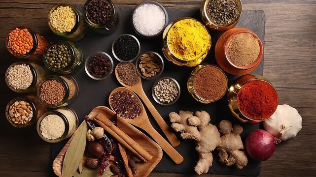 Overhead top view flat lay colourful array of spices herbs powder blue clay ceramic brass metal pot on dark black slate surface with a clean and neat appearance spice copy text space border frame