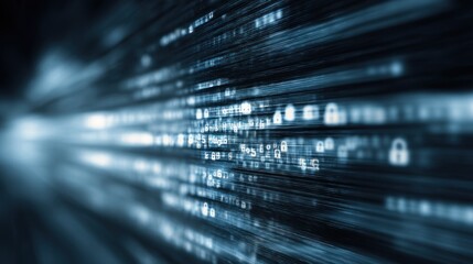 An abstract image featuring blurred data streams, representing speed, digital information, and security, with visual elements like locks and binary code.