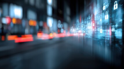 A futuristic digital landscape featuring glowing locks and data streams, symbolizing cybersecurity and technology advancements.