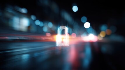 A glowing lock symbol amidst blurred city lights, representing digital security and protection in a modern, urban environment.