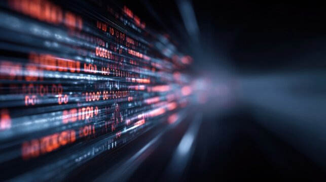 A futuristic visual of flowing binary code illuminated in red and white against a dark background, suggesting themes of technology and data transfer.