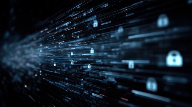 A digital representation of data flow, featuring lock icons that symbolize cybersecurity and privacy in a futuristic, tech-oriented environment.