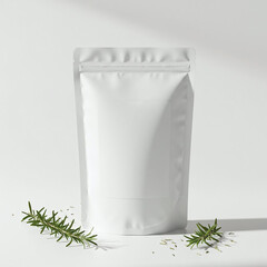 White Stand Up Pouch Mockup with Fresh Rosemary Sprigs Product Packaging