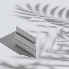 Minimalist White Stacked Square Boxes Mockup with Palm Leaf Shadow
