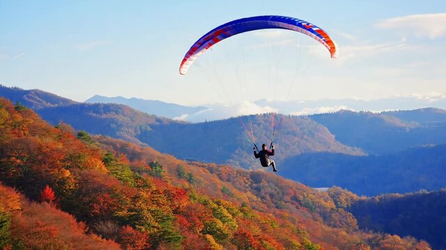 Red paraglider above misty mountains