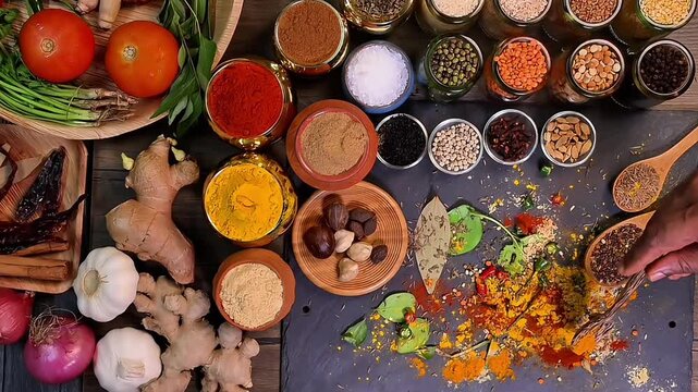 Overhead flat lay vibrant colourful spices herbs fresh produce vegetables legumes on wooden table spread splash smoking spice mix dark black slate metal clay pot palm leaf plate board copy text frame