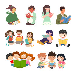 Set of Diverse People Reading Books Learning