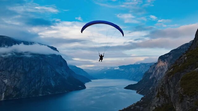 Paraglider over fjord under clear blue sky