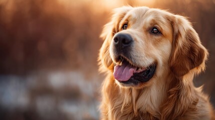 A golden retriever dog with a joyful expression, set against a warm, blurred background, exuding friendliness and warmth.