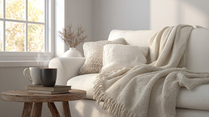 Cozy living room with white sofa light wool blanket and hot cocoa on wooden side table natural light inviting scene