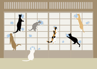 障子を破って遊ぶ7匹の猫