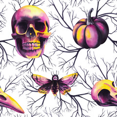 Halloween watercolor seamless pattern Halloween  pumpkins, skulls, flowers, and spooky autumn elements. Perfect for invitations, cards, posters, templates, packaging, and seasonal design projects.