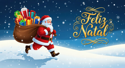 Merry christmas santa claus gifts delivery feliz natal holiday season festive celebration winter scene