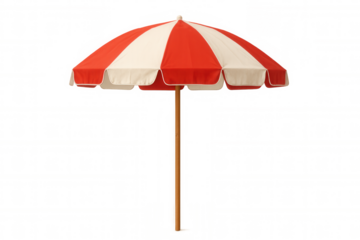 Beach umbrella with red and white stripes providing shade, perfect for summer vacation and outdoor relaxation