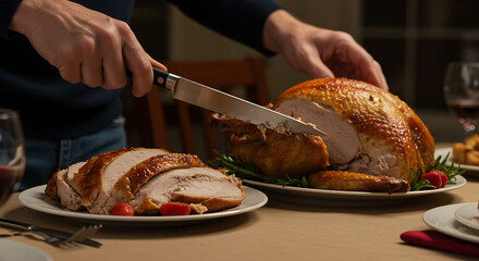 Hands carving a perfectly roasted turkey for a festive holiday dinner. Succulent poultry slices on a platter, ready to serve.
