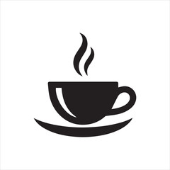 Flat vector of black coffee cup icon with steam rising above for breakfast