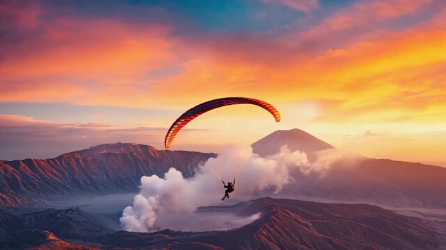 Paraglider silhouette over clouds with a colorful sunset sky