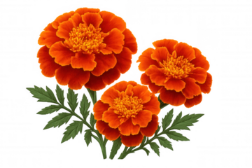 Three vibrant orange marigold flowers with green leaves on transparent background, symbolizing day of the dead
