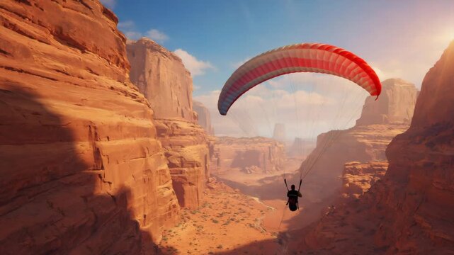 Paraglider flying near red rock canyon cliffs under a blue sky