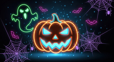 Neon halloween pumpkin ghost bats spiderwebs party spooky october celebration trick or treat illustration