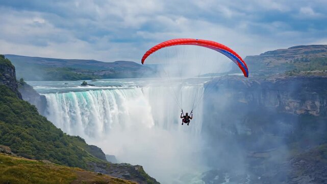 Paraglider flying in front of a large waterfall with mist