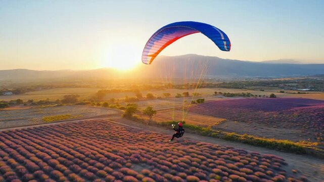 Paraglider above a lavender field with sun low on the horizon