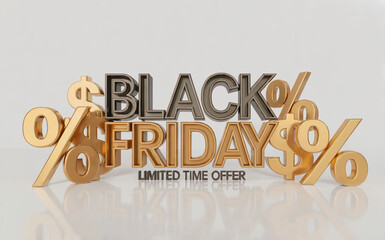 A 3D rendered promotional graphic for a Black Friday sale. The text "BLACK FRIDAY" is in large metallic gray letters with a 3D effect, positioned in the center.