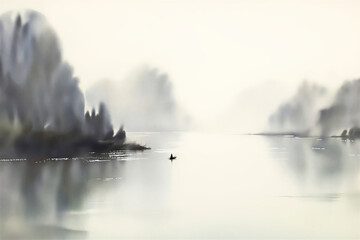 Watercolor landscape of a misty river at dawn. A lone boat glides across calm water, surrounded by soft tree silhouettes. Minimal, tranquil, atmospheric scene