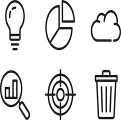 Selection of Simple Business Icons Representing Concepts Such as Data Analysis, Creativity, Goals, and Cloud Computing in Outline Style