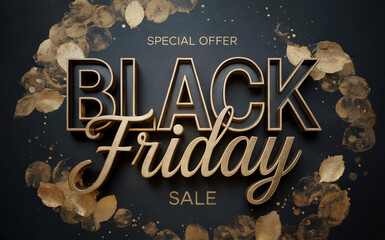 A promotional Black Friday sale graphic design with a dark teal background decorated with golden bokeh effects and sparkles. 