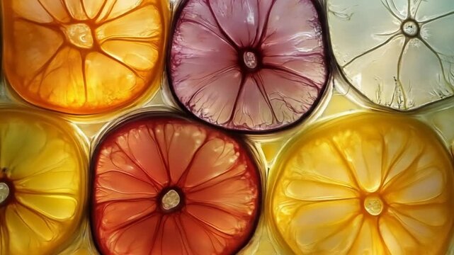 Colorful citrus fruit slices closeup with vivid colors and artistic texture