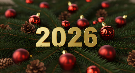 Festive 2026: A captivating arrangement of festive elements, including ornaments, pinecones, and evergreen boughs, forms the backdrop for the golden numerals, symbolizing the upcoming year.