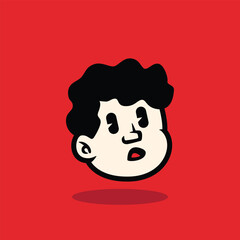 Cartoon face of a curly-haired boy showing a worried and anxious expression. Bold, clean vector illustration on red background, perfect for mascot, emoji, or sticker design.