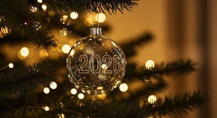 Christmas Ball Ornament 2026: A transparent, shimmering ornament, adorned with the year 2026, hangs amidst the lush green branches of a festive Christmas tree.