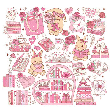 Collection of Valentine Bookish Vector, illustrations of Cute Bunny Reading, Romantic Books, Roses & Cozy Love Aesthetic, Coquette Books Decoration Vector