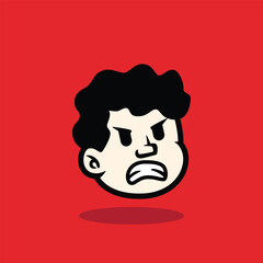 Cartoon face of a curly-haired boy showing a worried and anxious expression. Bold, clean vector illustration on red background, perfect for mascot, emoji, or sticker design.
