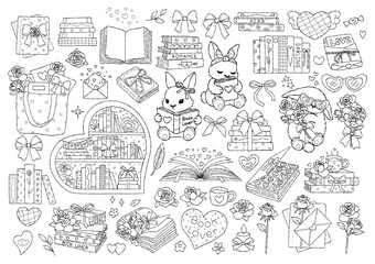 Obraz premium Valentine Bookish Collection Outline Vector, Cute Bunny Reading Line Art, Romantic Books & Roses Coquette Books Coloring Page Hand Drawn Design