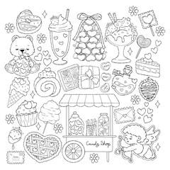Valentine Treats Collection Outline Vector, Coquette Valentine Doodle, Kawaii Dessert Coloring Page Hand Drawn Design